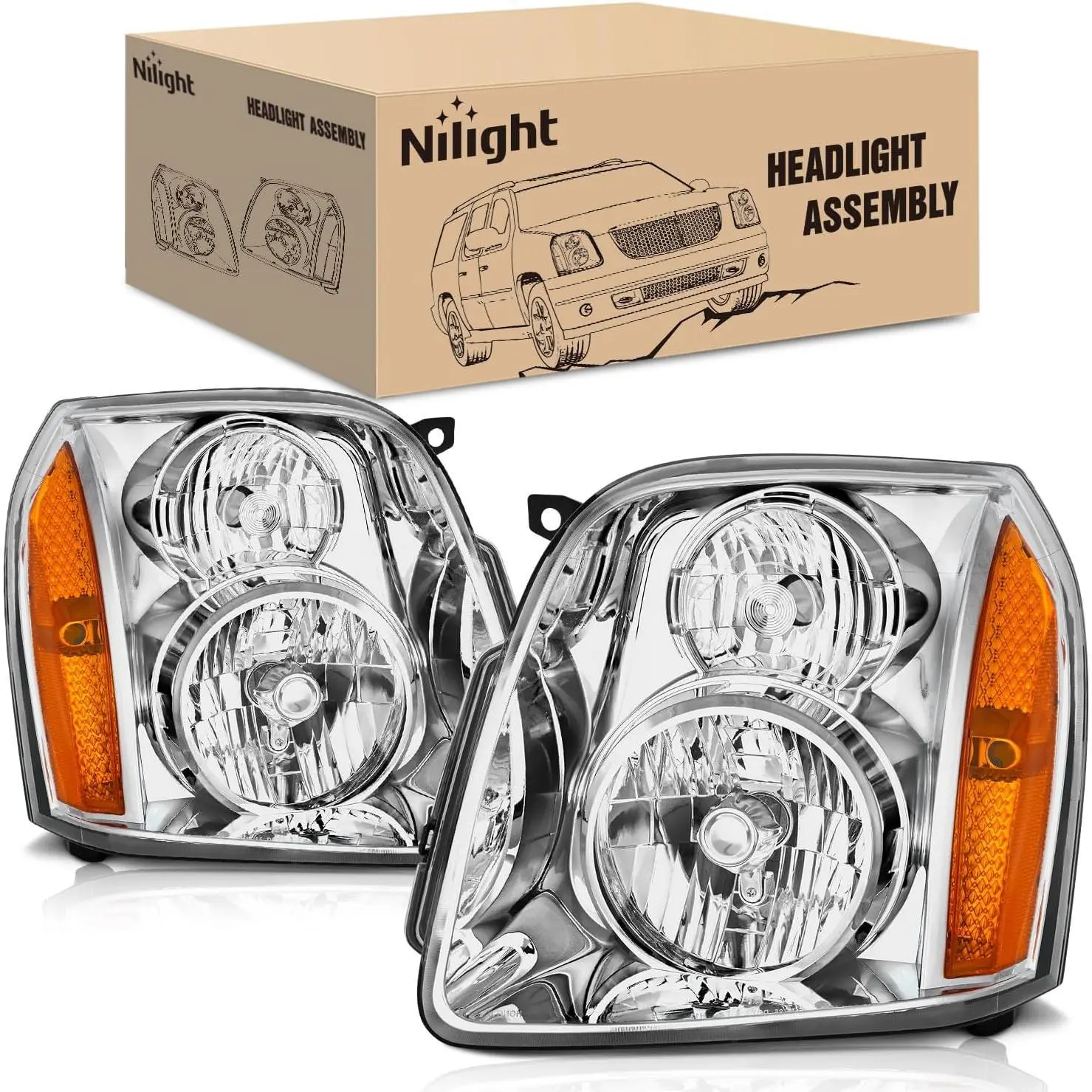 Nilight Headlight Assembly for 2007-2014 GMC Yukon, Car Halogen OE-Style Replacement, Chrome Housing, Amber Reflector, Corrosion Resistant, Dust-Proof, Easy Install (Driver & Passenger Side)