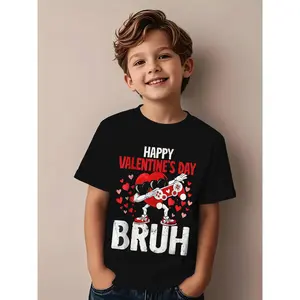 Valentine'S Day Graphic Tee for Boys Featuring The Phrase 'HAPPY VALENTINE'S DAY BRUH' Along with a Heart-Shaped Game Controller Design, Perfect for a Trendy Holiday Vibe, Making It an Awesome Casual Outfit for Kids