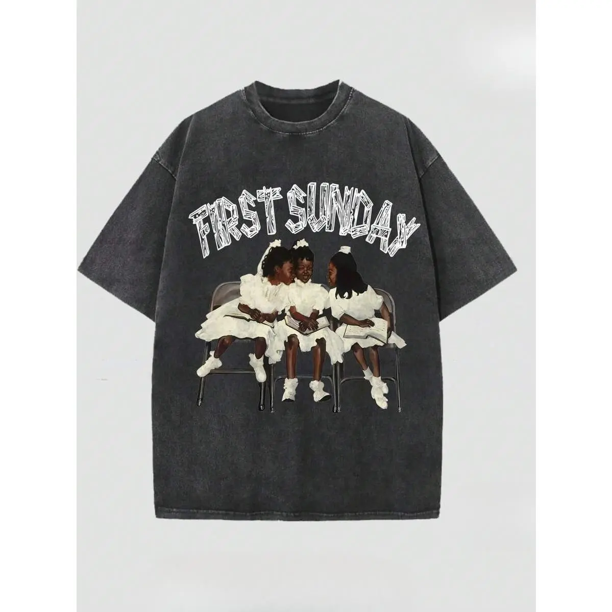 Gospel Culture Unisex T shirt Giant First Sunday Three Girls Church Scene Front Print Crew Neck Casual Tee For Outdoor Community Gathering Daily Male Female Fashion