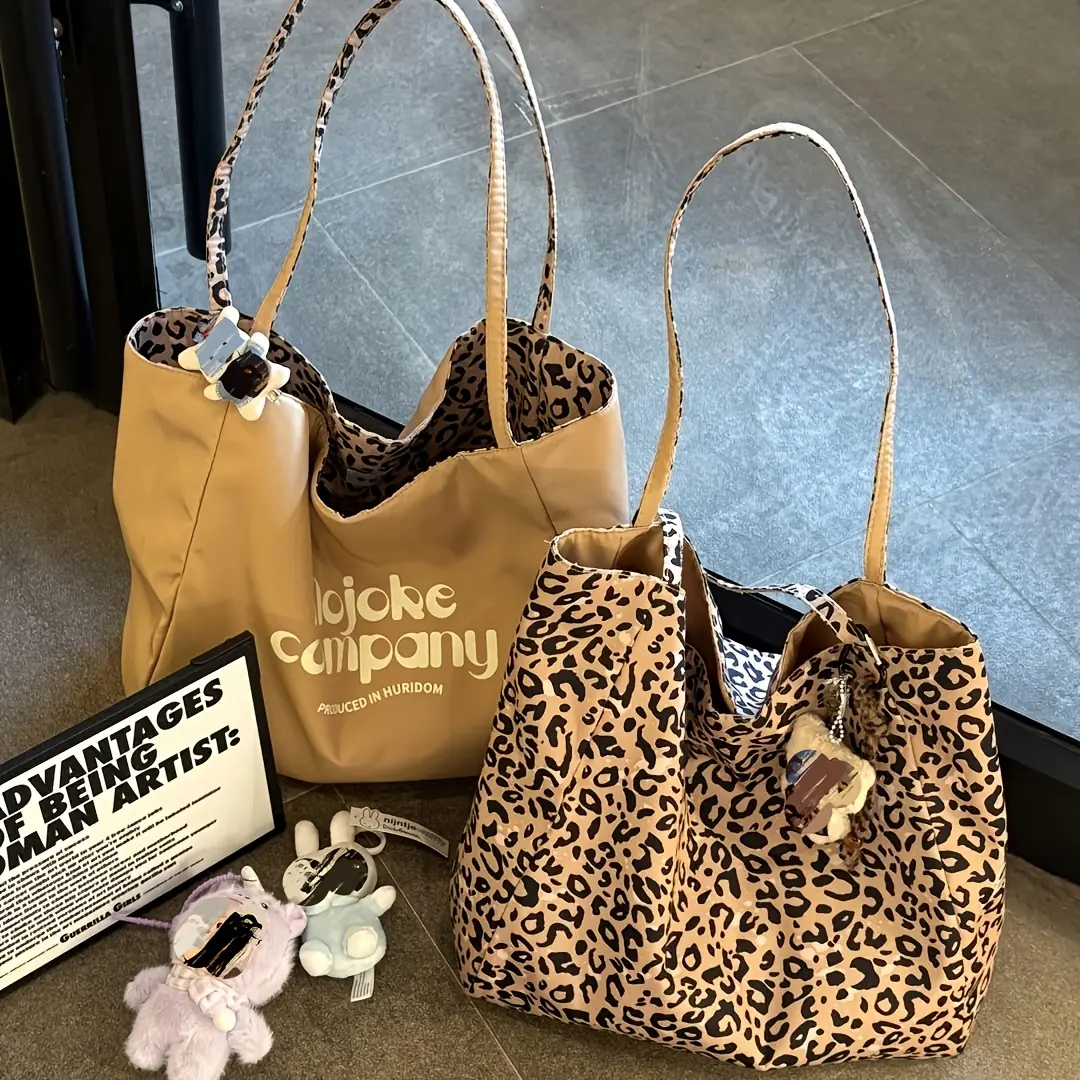 Reversible Korean-style Vintage Leopard Print Gym Tote Bag - Large-Capacity Y2K Casual Shoulder Bag with Classic Leopard Side, Khaki-based Letter Side for Style Switching (Sports & Outdoor Accessory)