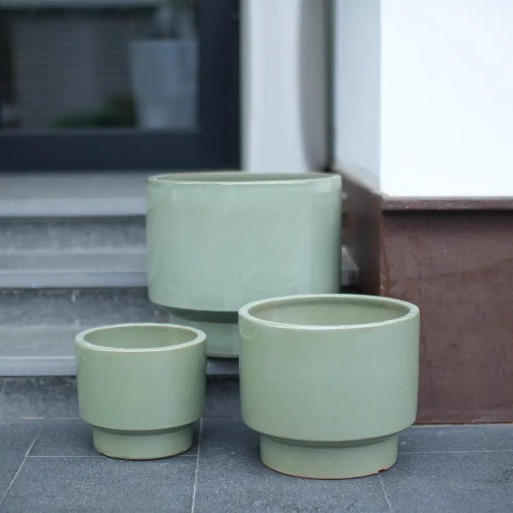 Littleox Handmade Solid Glaze Ceramic Planter Set of 3, 15/12/9 Inch Diameter, for Succulents & Flowers Outdoor Garden & Indoor Staircase Use, Breathable Porous Clay, Earthy Green