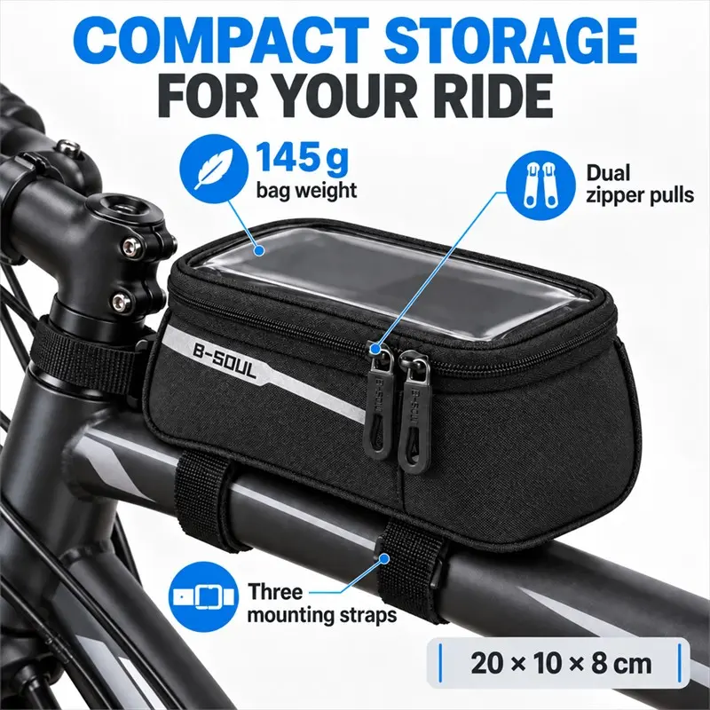Bicycle Phone Bag Front Fork Mount, Mountain Bike Road Bike Storage Pouch, Upper Tube Organizer, Cycling Gear Accessories