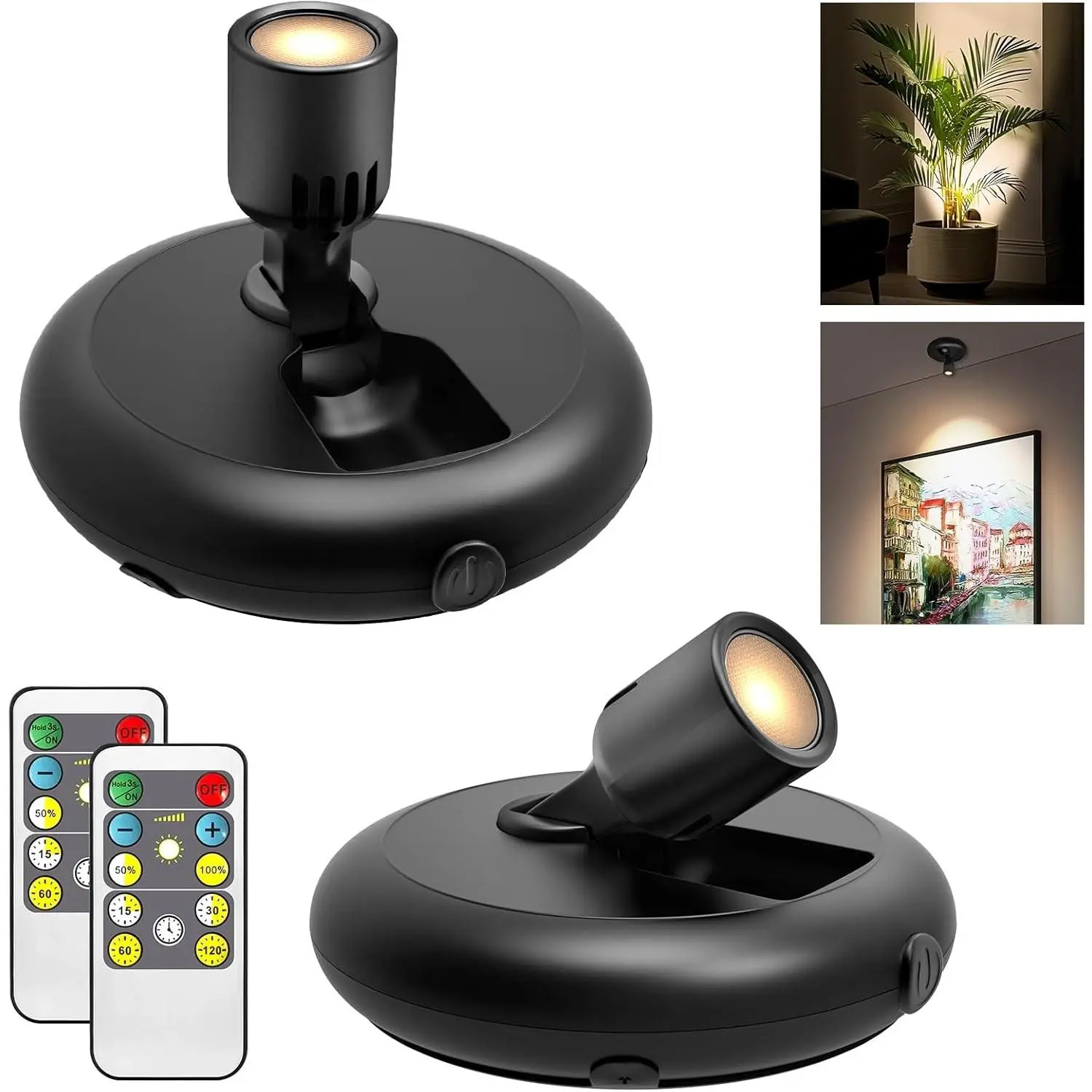 Wireless Led Spot light Battery Operated with Remote ,Up Light for Plants ,Down Light for Picture on Wall, Dimmable Timer Mini Accent SpotLight Painting Light for Trees Frame Dartboard Gallery Cabinet