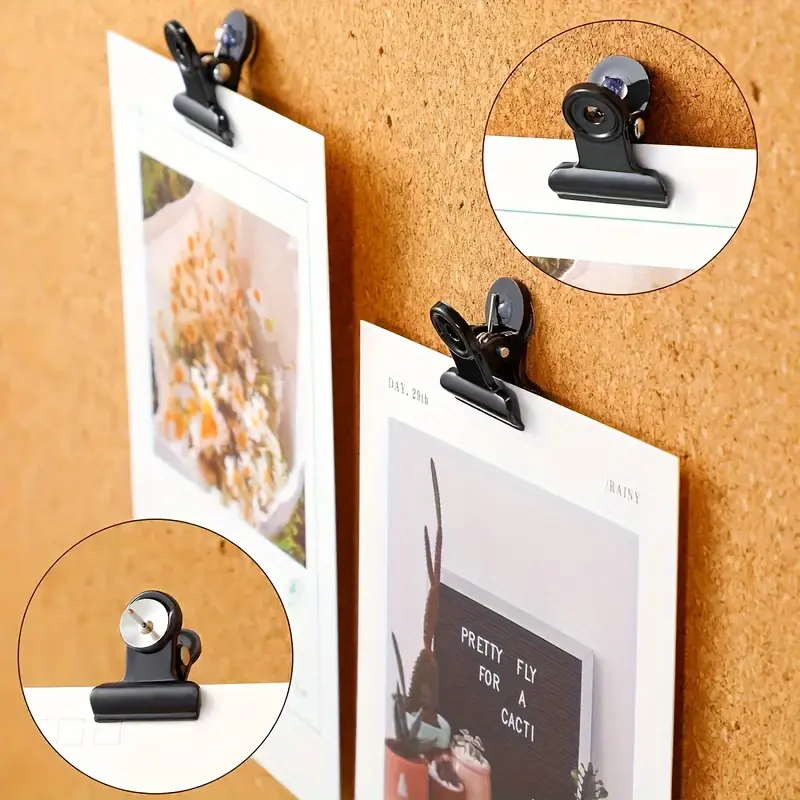 A set of 16 black metal pins, designed to firmly fix photos, handicrafts, office paper, soft boards and various household and office supplies, can be used as clips for photo display and bulletin boards.