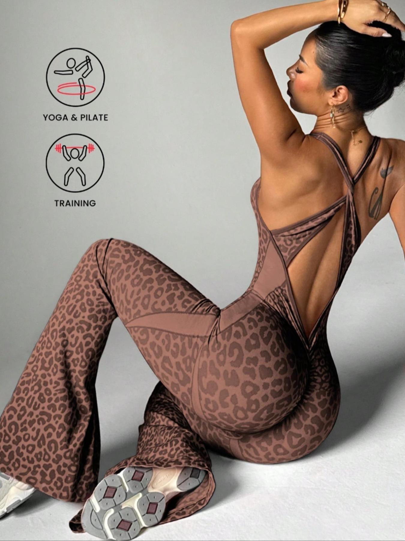 Women's Seamless Leopard Print Tank Jumpsuit, Back Cross Buckle High Waist Butt Lifting Jumpsuit, Ideal for Running Outdoor Yoga Workout, Sportswear woman summer outfit sporty boy short