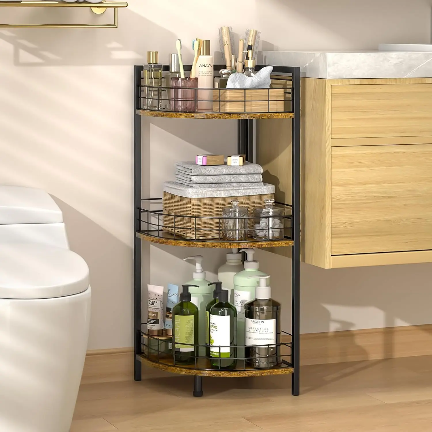 Bathroom Standing Shelf, 3 Tier Corner Stand, Free-Standing Shelf Units, Triangular Curved Corner Shelf Stand for Small Space, Ideal for Bathroom,Kitchen, Storage and Organizer
