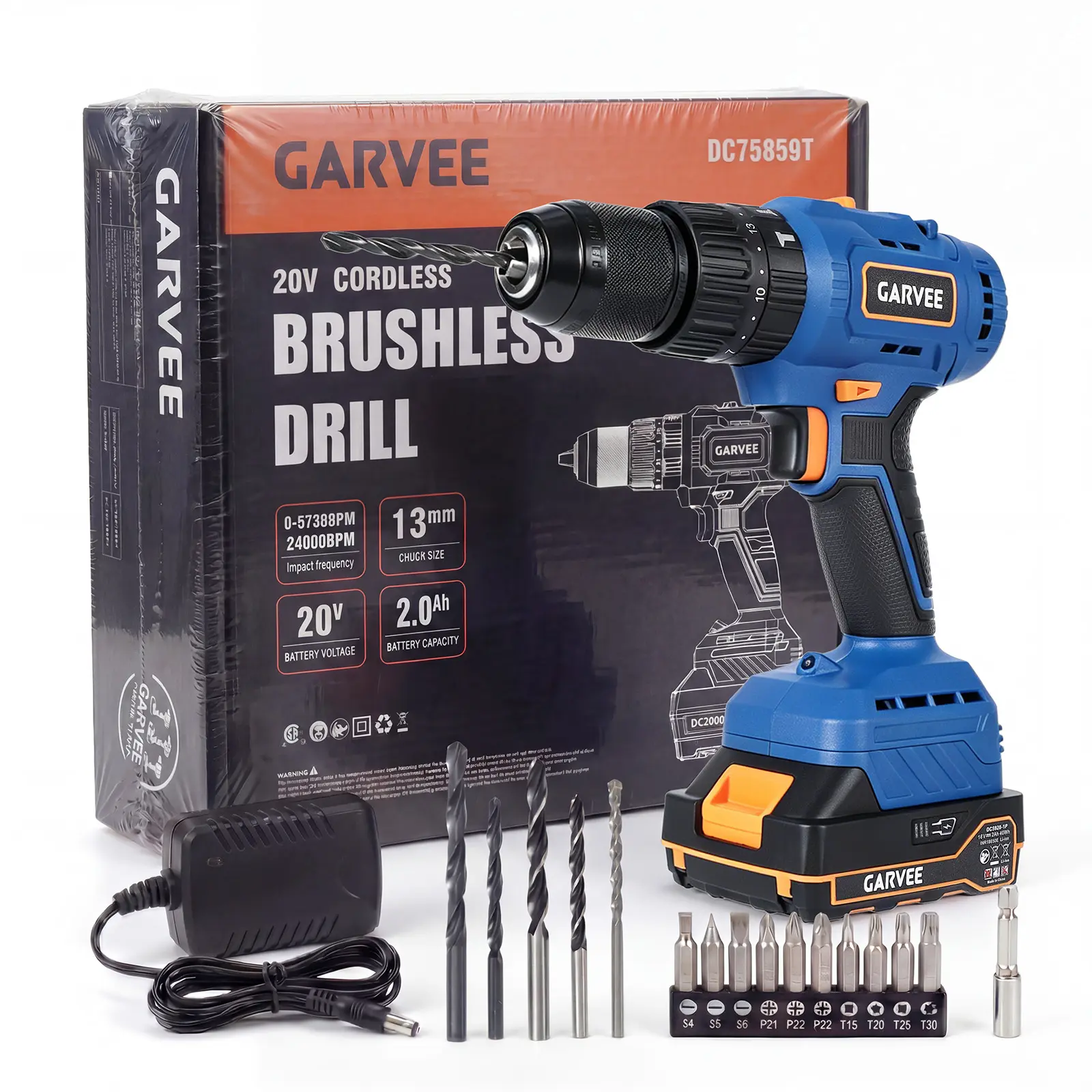 20V Brushless Battery Hammer Drill Driver Set with 531in-lbs Torque, 1/2" Metal Chuck, Auxiliary Handle, 2.0Ah Battery, Charger & 16 Drill Bits