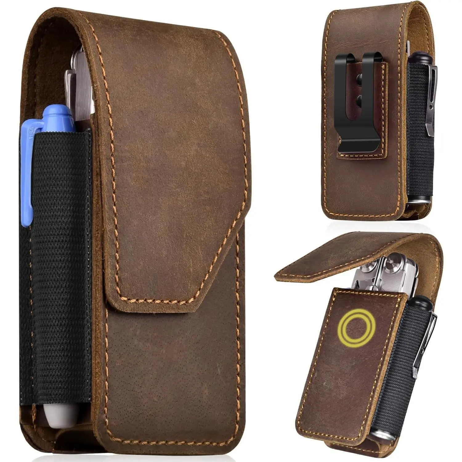 Leather Multitool Sheath Compatible with Leatherman Wave Plus Wingman Surge Rebar Multi Tool Holster with Belt Clip, Dark Brown