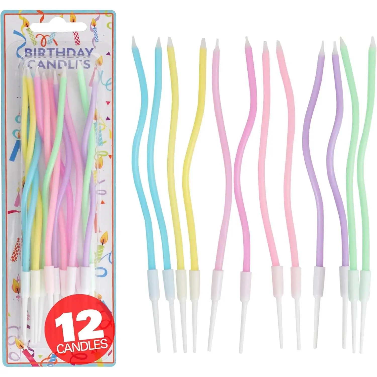 12 Count Pastel Twisted Spiral Birthday Candles, Rainbow Spiral Birthday Candles with Holders, Candle for Cake, Party Candle Set, Cake Candles