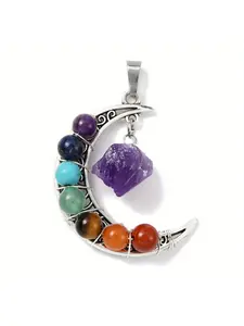 1pc natural amethyst original stone seven chakra crescent silver pendant, healing crystal balanced chakra quartz jewelry, suitable for daily wear and holiday gift giving for girls with a chain