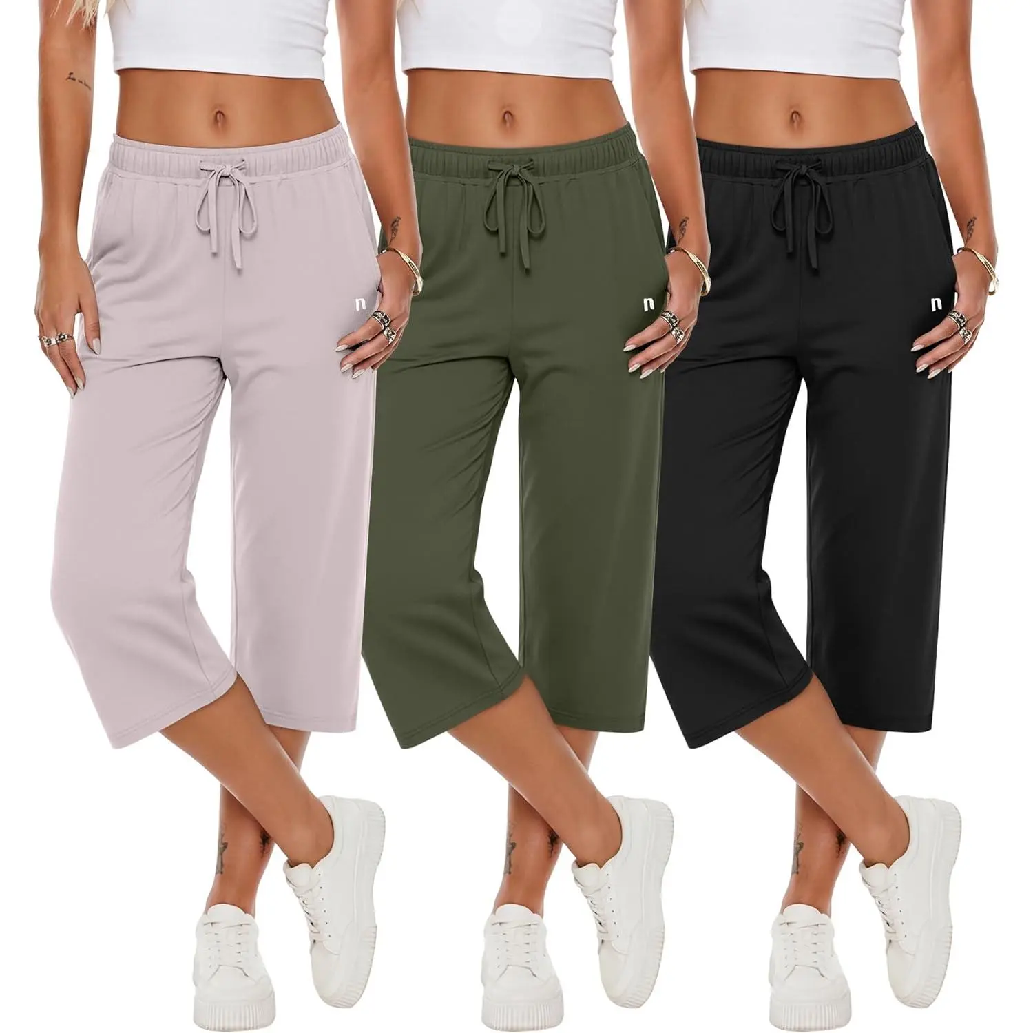 Women's High-Waisted Capri Pants - Wide-Leg Basic Sweatpants with Drawstring, Pockets for Lounge, Casual, Yoga Wear, High Waisted Cropped Pants, Female, Black, White, Graphite Gray, Lightweight, Elastic Waist, Cotton, 5 Sizes, Baggy Capri Pants, Drawstrin