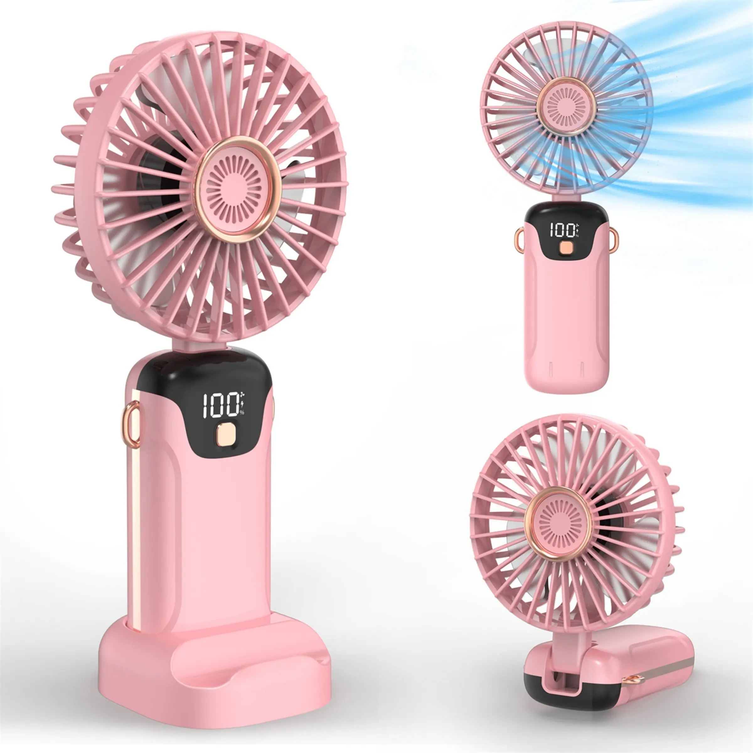 Portable Handheld Fan, USB Rechargeable Fan with LED Display, 90° Foldable Desk Fan with Base, 5-Speed Cooling Personal Fan for Makeup, Travel, and Daily Use