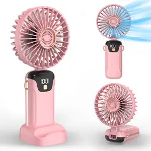 Portable Handheld Fan, USB Rechargeable Fan with LED Display, 90° Foldable Desk Fan with Base, 5-Speed Cooling Personal Fan for Makeup, Travel, and Daily Use