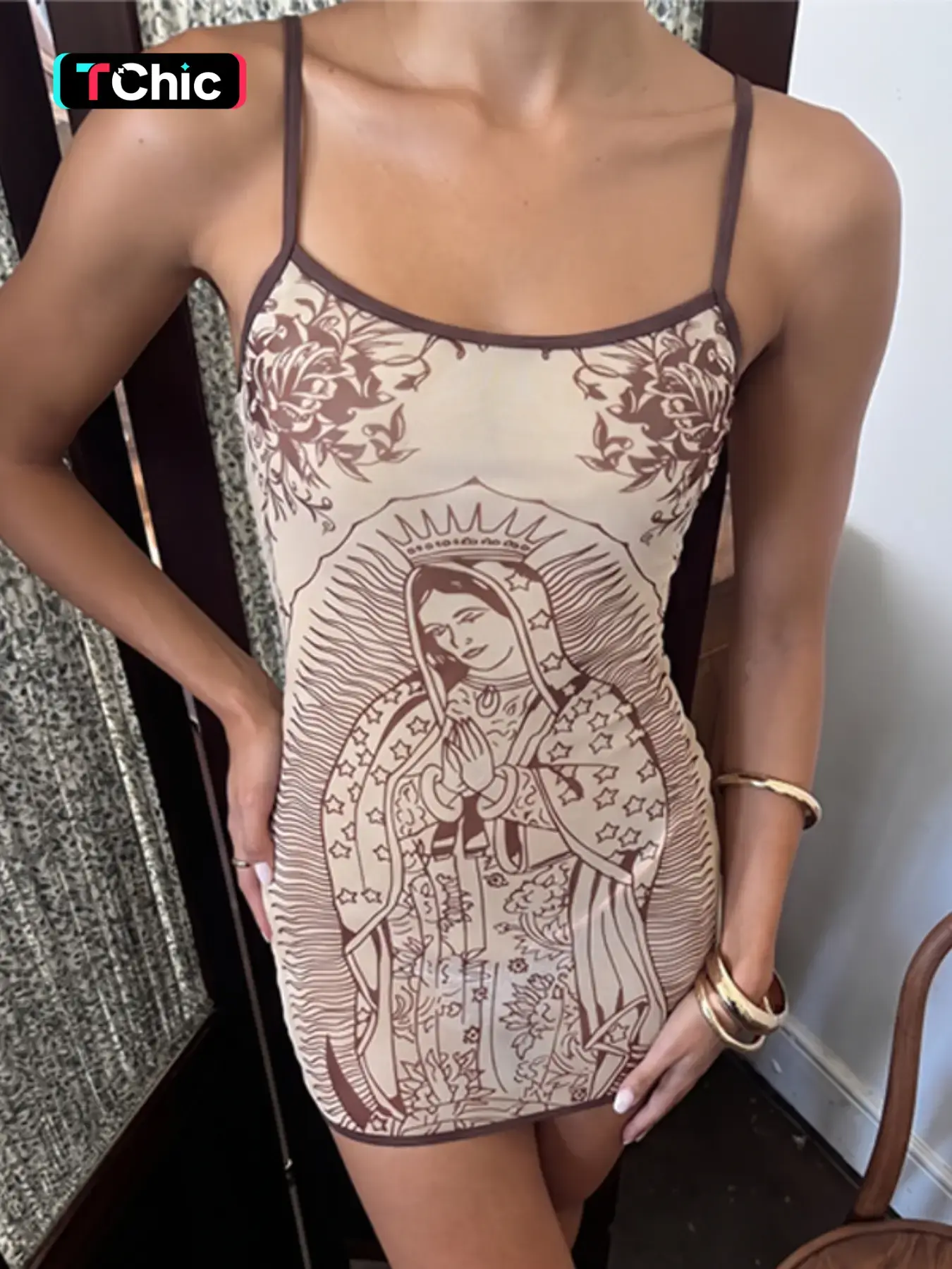 Women's Y2K Retro Guadalupe Virgin Print Bodycon Slip Dress, Body Shaping Dress, Contrast Color Trim Sleeveless Cami Short Dress, Vintage Tattoo Printed Spaghetti Strap Slim Fit Mini Dress for Party Night Club Date