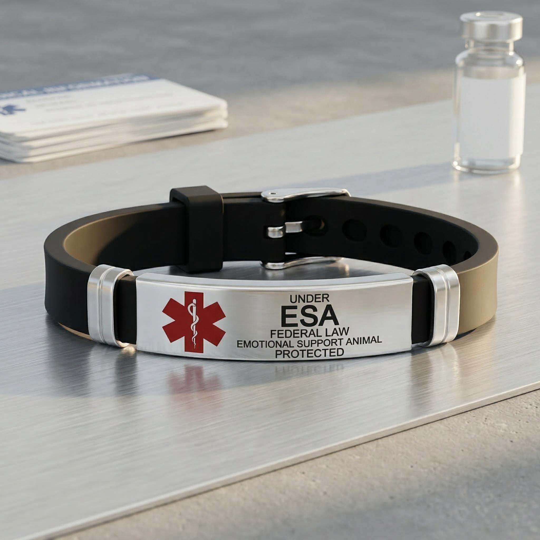 Emotional Support Animal Medical Alert Silicone Bracelet, Under Federal Law Protected Adjustable Wristband, ESA Owner ID Bracelet for Men Women