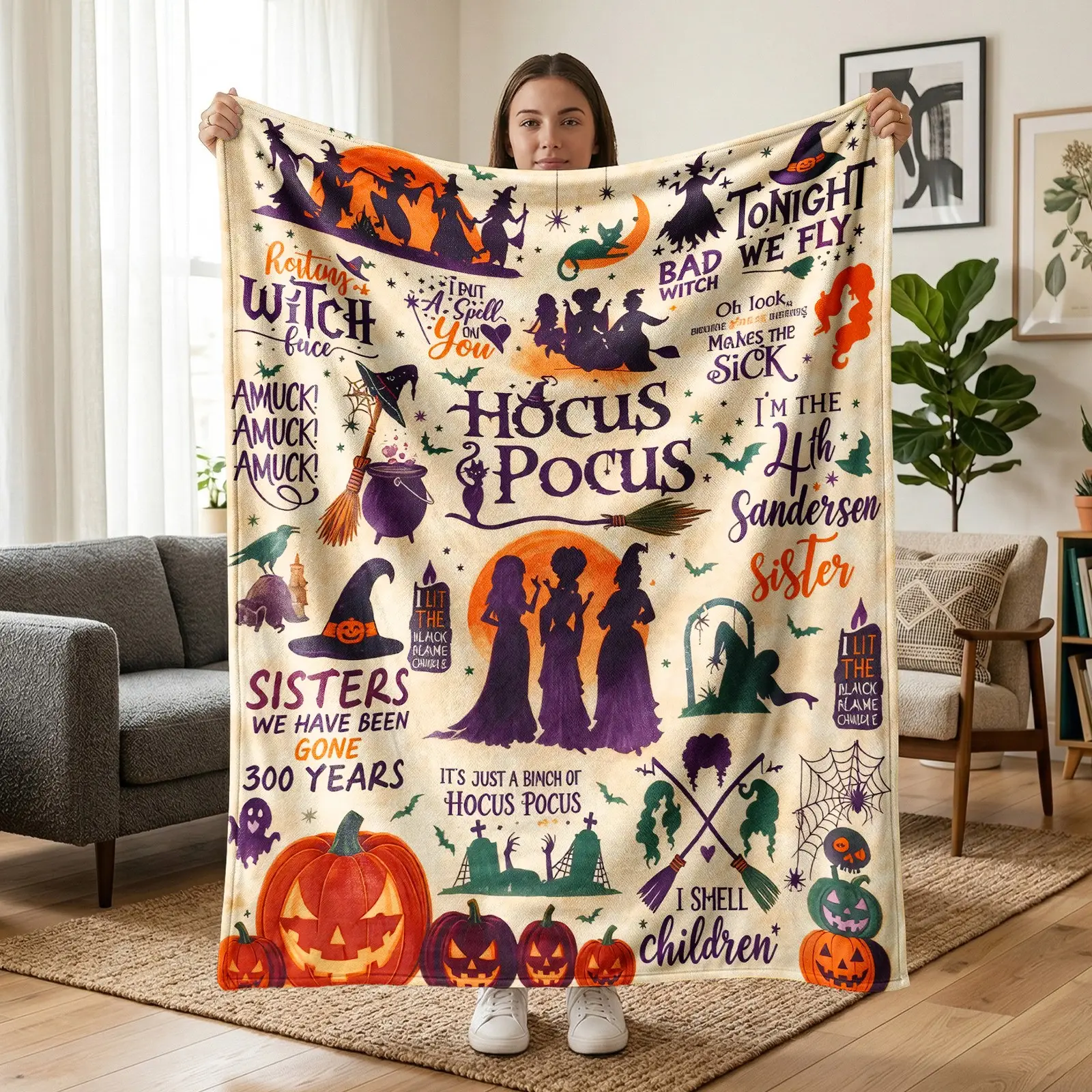 1pc Hocus Pocus Halloween Collage Fleece Blanket, Witch Silhouette Pumpkin Magic Slogan Retro Pattern, Spooky Holiday Decor, Soft Warm Blanket For Sofa, Bed, Office, Shawl, Camping, Soft Throw Blanket, Perfect Halloween Gift