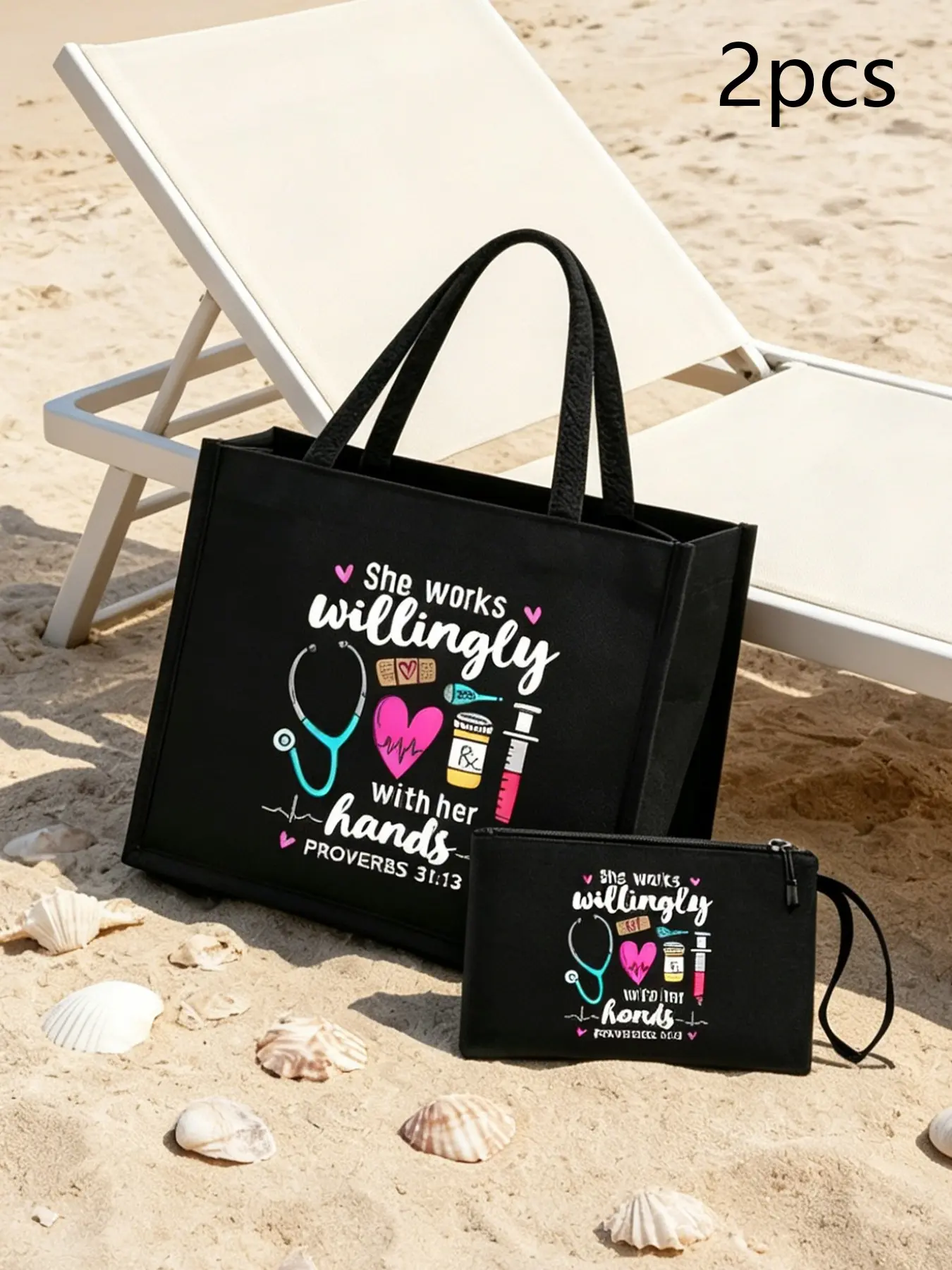 2pcs Nurse Theme Syringe Tote Bag and Makeup Bag Set, Large Capacity, Multifunctional, Ideal for Daily Use, Travel, Medical Activities, Gifts