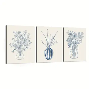 Canvas Decorative Art Prints 3-Piece Set, with Wooden Frame, Blue Floral Plants, Bouquet of Flowers, Line Art, Waterproof Canvas Poster, Beautiful and Perfect Ideal Wall Decoration