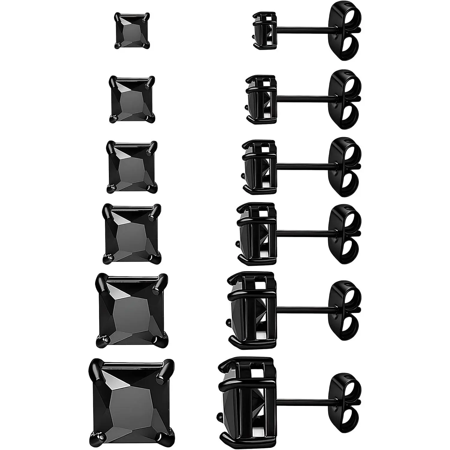 6 Pairs Black Earrings for Men Stainless Steel Stud Earring Set |  316L, 5A+ Cubic Zirconia, 3-8mm, Halo Earring for Women Men, Cartilage Studs, Multiple , Mens Earrings