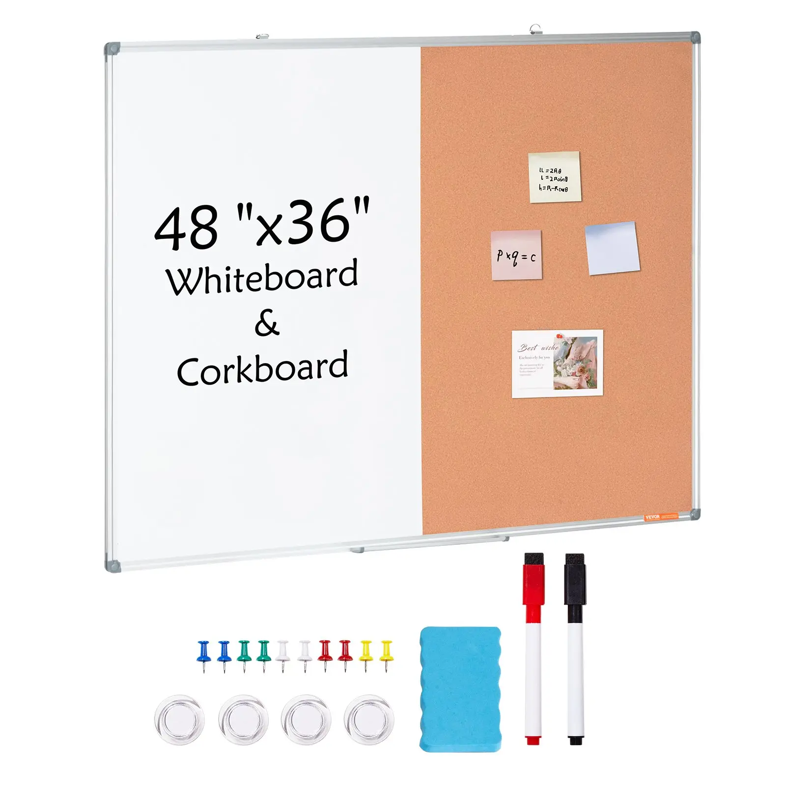 VEVOR 48" x 36" Whiteboard Cork Board Combo with Aluminum Frame - 2-in-1 Magnetic Dry Erase Bulletin Board for Wall Mount - Ideal for School, Home, Office