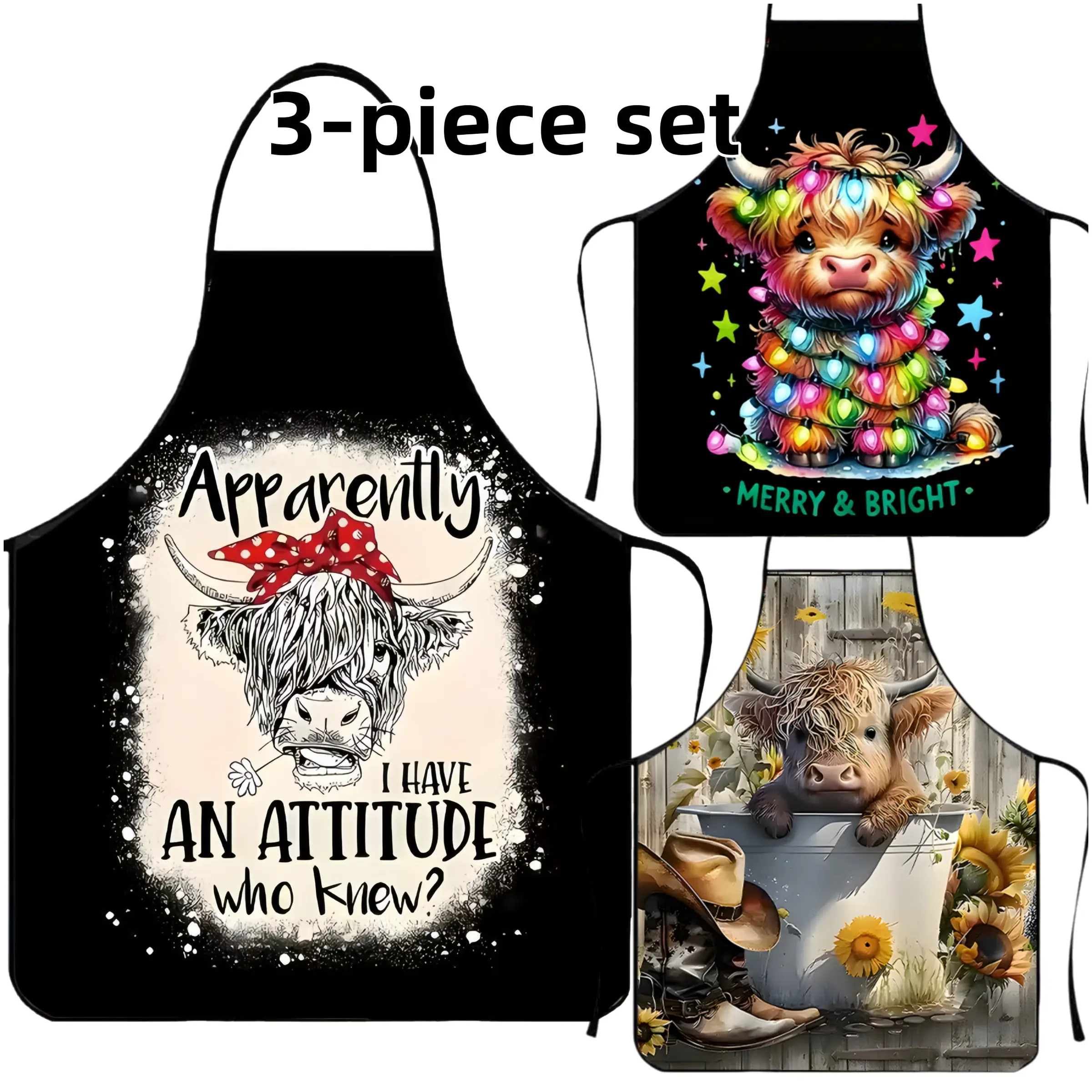 Polyester Highland Cattle Print Apron Set, 3-piece set ﻿Christmas Gift Apron,Cooking Apron,BBQ Apron,Garden Tool,﻿Kitchen Essential,Cleaning Tool,Apron for Men&Women
