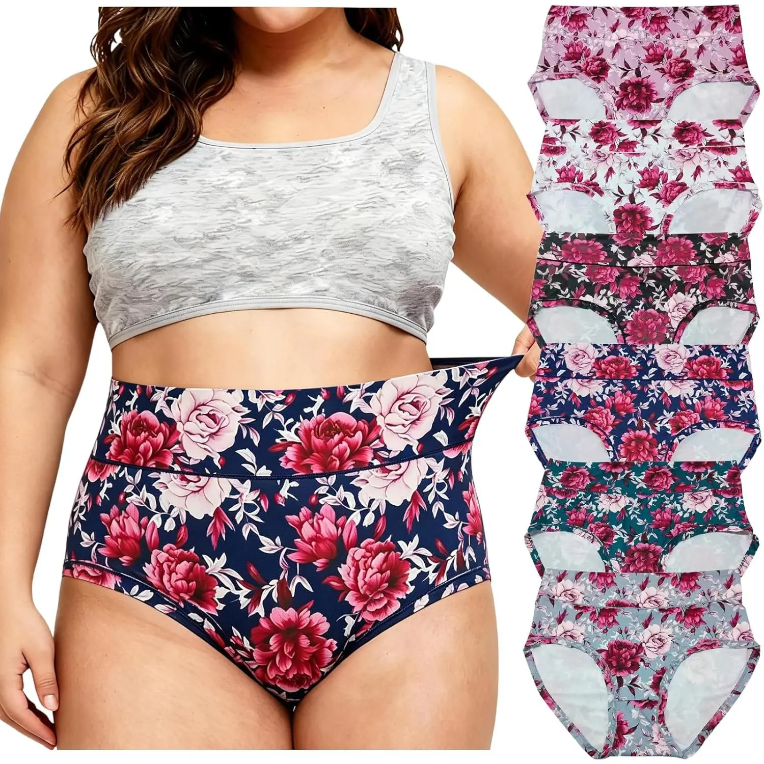 Women's Plus Size Breathable Underwear, XL-5XL Mid-High Waist Briefs, 6-Pack Floral Print Panties for Big Curvy Women