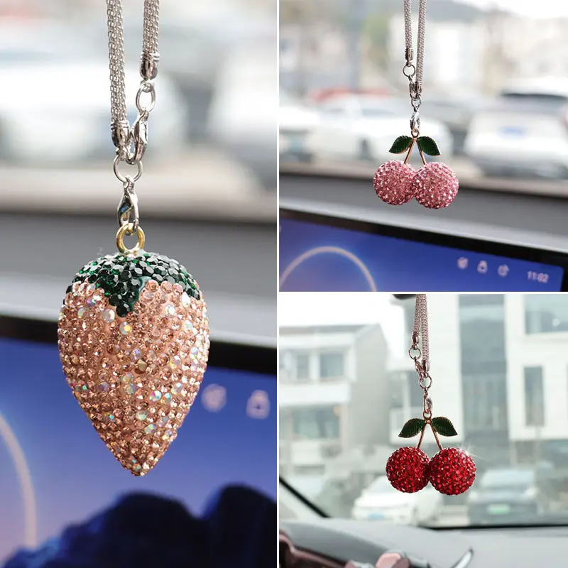 Bling Rhinestone Strawberry Cherry Car Hanging Ornament Sparkling Crystal Fruit Rearview Mirror Charm Aesthetic Car Interior Decor Accessories for Women Girls