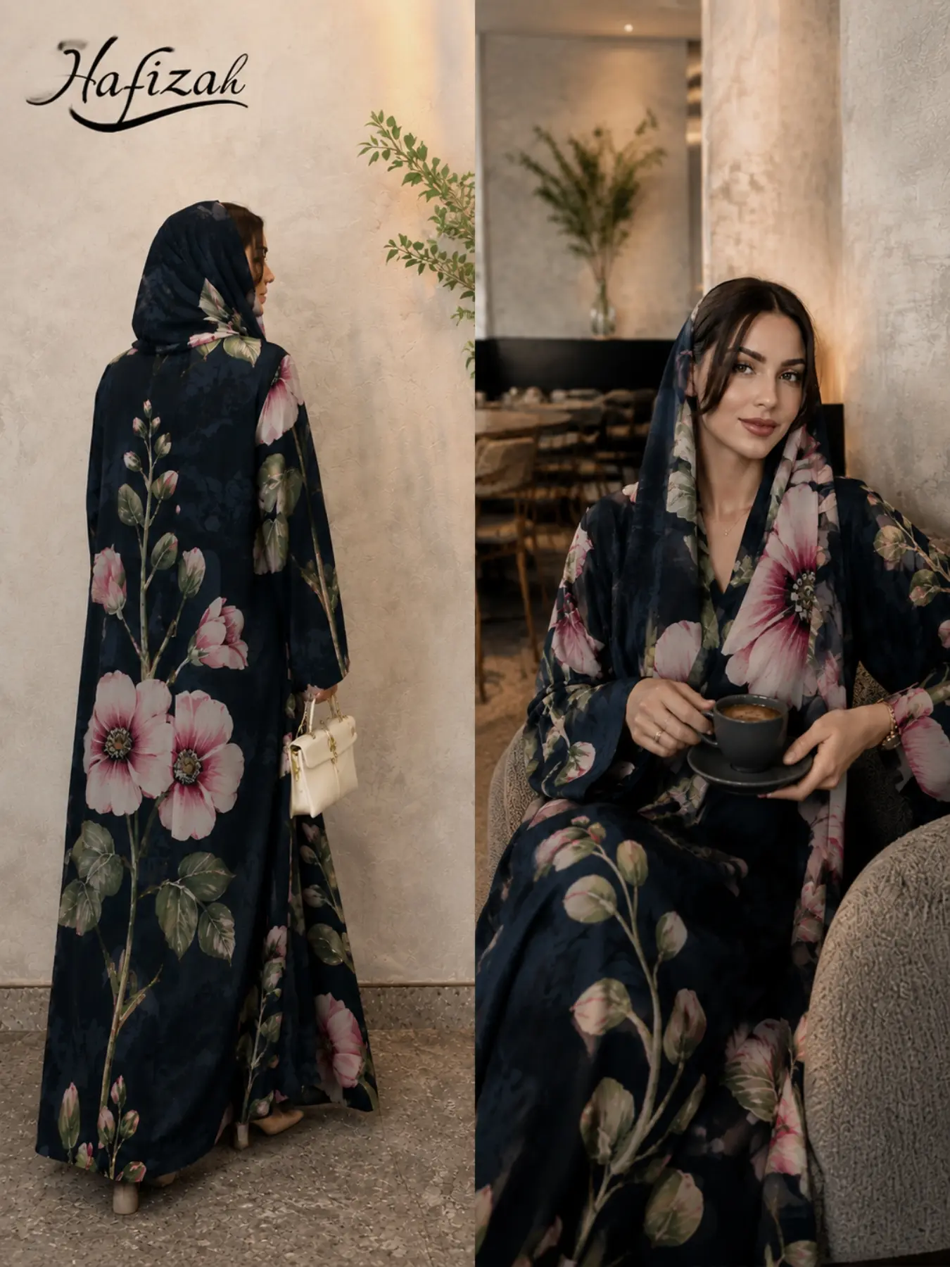 Elegant Floral Print Abaya Long Dress, Loose Fit Muslim Long Sleeve Open Front Islamic Clothing, High-End Daily Outerwear for Women
