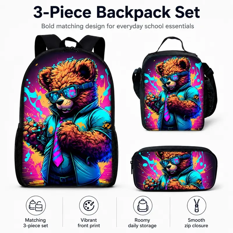 Bear pattern printed 17-inch backpack three-piece set (single-layer backpack + shoulder strap lunch bag + single-layer pencil bag)