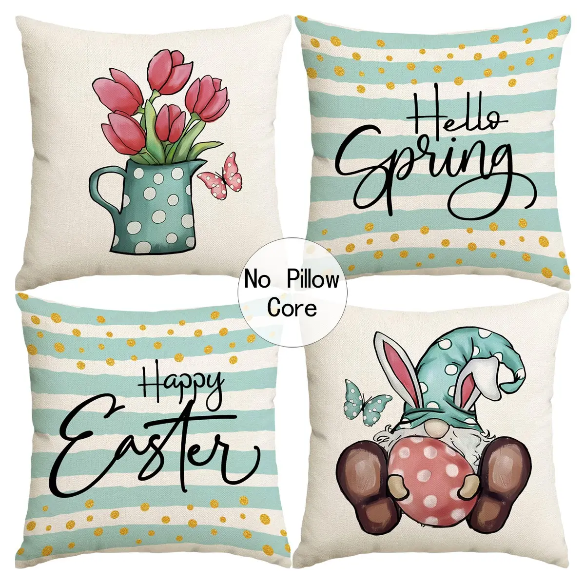 4pcs Easter Happy Pillow Cover 18x18 inches, Easter Rabbit Dwarf Plant Flower Easter Egg Blessing Decorative Cushion Cover, Suitable for Easter Party Decoration, Room Living Room Sofa Bedroom Car Seat Decoration Pillow Cover (No Pillow Core)