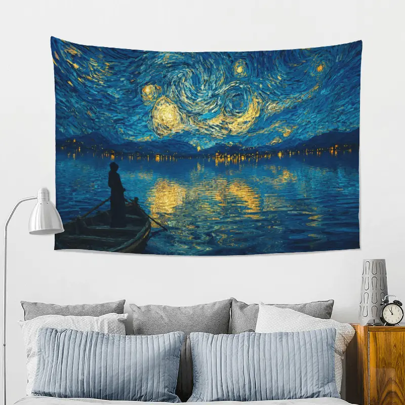 Starry Night Lake Boat Tapestry - 40x60in (5ft x 3ft) Van Gogh Inspired Peach Skin Wall Hanging, Strong, Fade Resistant, All Over Print, Hand Wash Only, Dark Academia Decor Inspo for Bedroom, Gift for Art Lovers