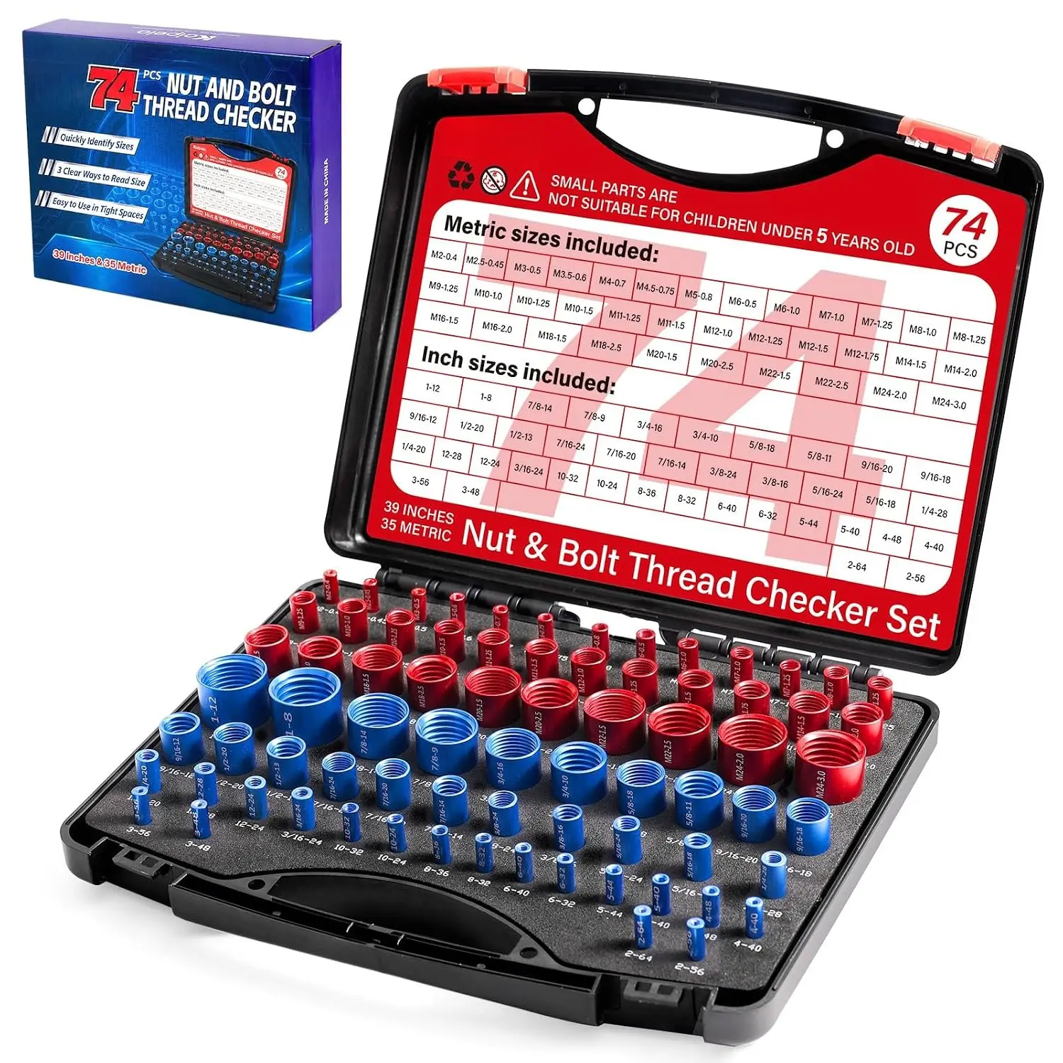 Thread Checker, 74 count Detachable Nut and Bolt Thread Checker Gauge, 39 Inches & 35 Metric Rustproof Bolt Size Finder, Screw Identifier Tool for Measuring in Narrow and Tricky Areas