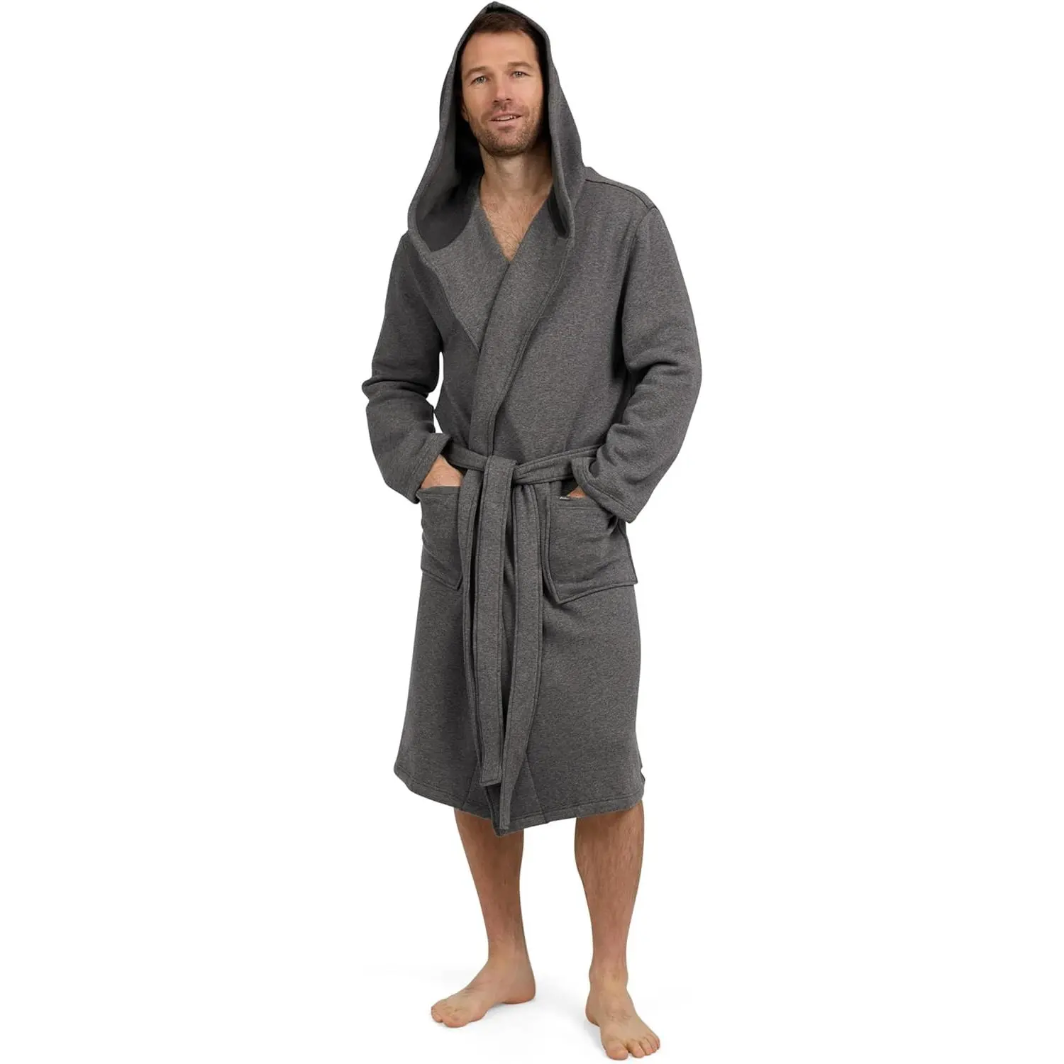 Men's Hooded Fleece Robe, Plush Solid Color Bathrobe, Warm Winter Loungewear with Pockets, Relaxed Fit for Evening, Fabric, Menswear, Cotton, Solid Colors