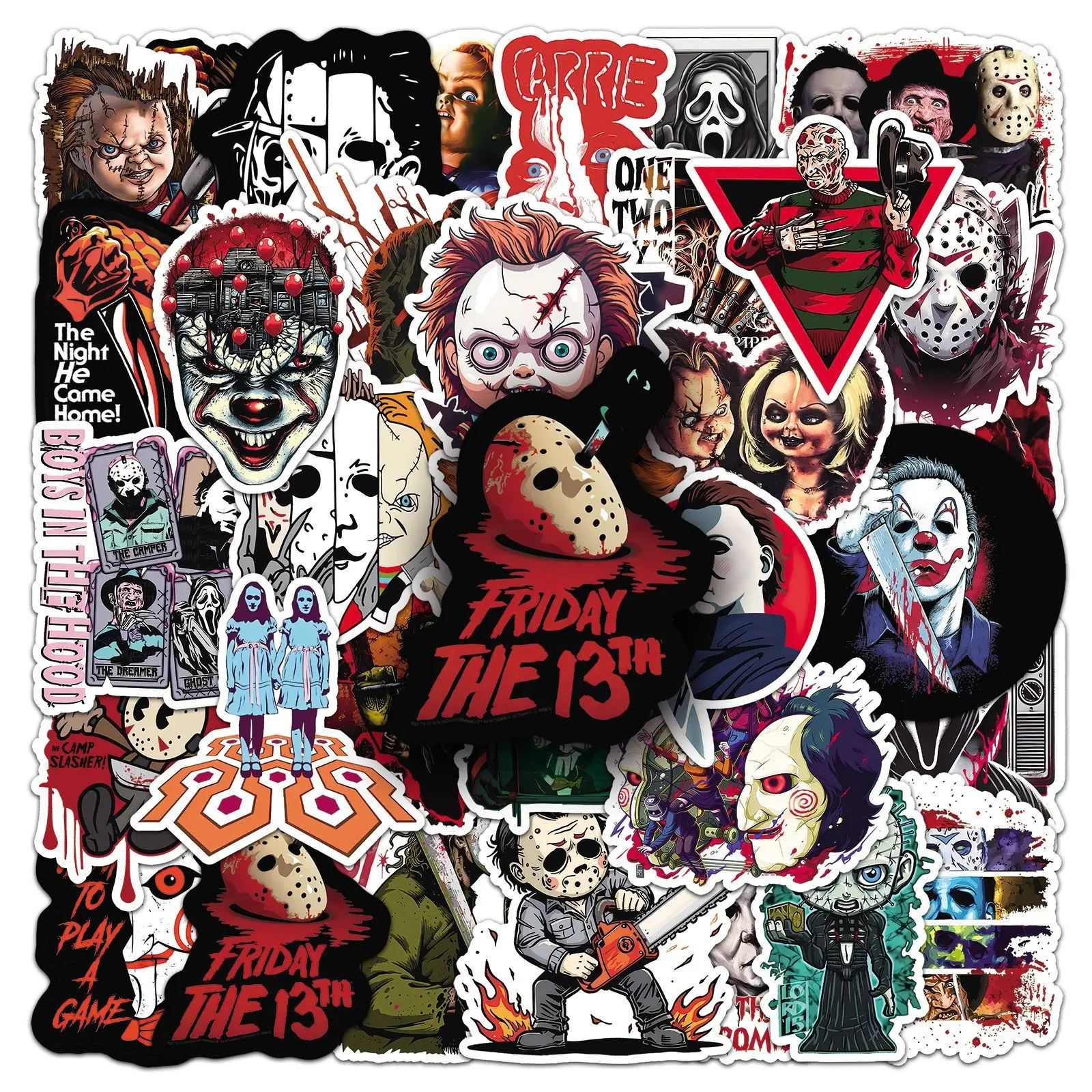 50Pcs Horror Movie Stickers, Shocking Film Decorative Notebook Stickers, Waterproof Cartoon PVC Stickers for Apple Devices