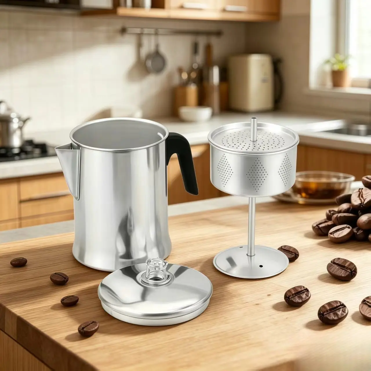 Infiltration coffee pot durable aluminum alloy 7-cup coffee pot for camping | Coffee can be brewed on an open fire grill or stove | Ideal for families and camping trips.