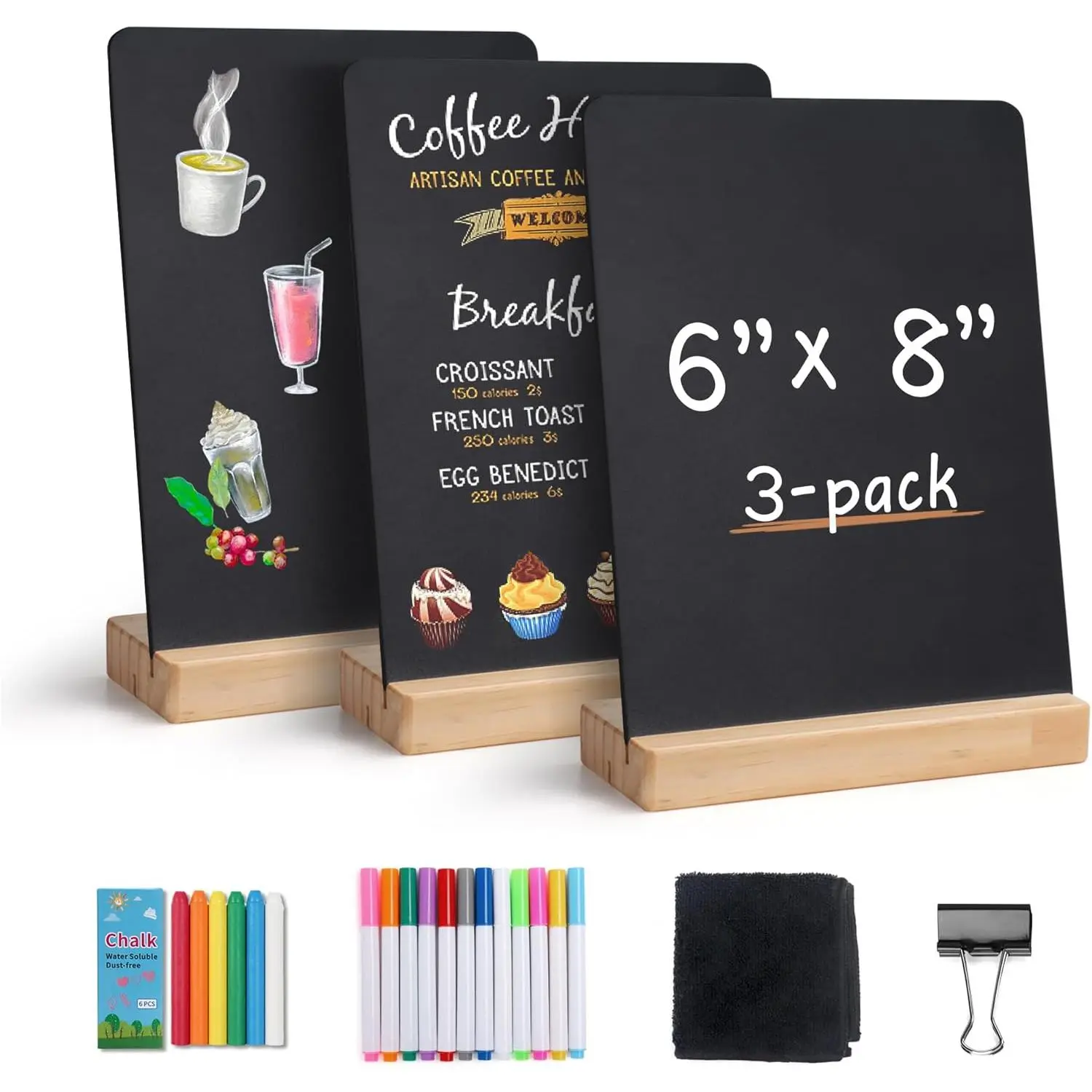 Small Chalkboard Words Sign with Wooden Stand - 3 Pack 6x8 Inch | Tabletop Double-Sided Erasable Message Menu Board Mini Decorative Chalk Board for , Business, Wedding, Party