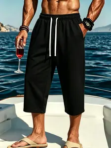 Men's Casual Capri Shorts, Elastic Waist, Relaxed Fit, Mid Length Bermuda Shorts, Comfortable Summer Wear, Ideal for Daily Use