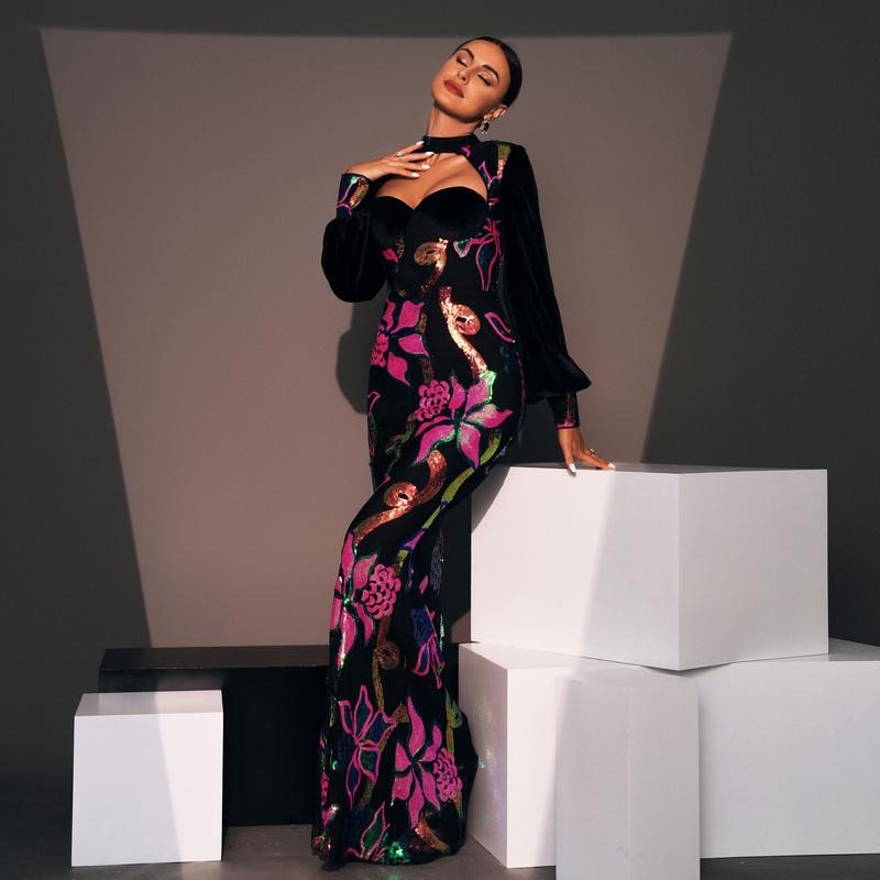 Long Sleeve Elegant Round Neck Sexy Hollow Out Long Sequin Evening Dress Bridesmaid Dress for Women Womenswear Black Floral Crewneck