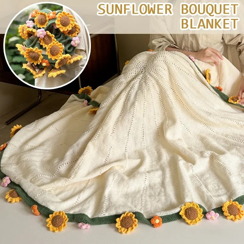 Viral Foldable Sunflower Bouquet Knitted Blanket, Handmade Floral Trim Round Throw, Light Cozy Knit Blanket for Daily Rest, Office Lunch Break, Photo Shooting & Housewarming Present