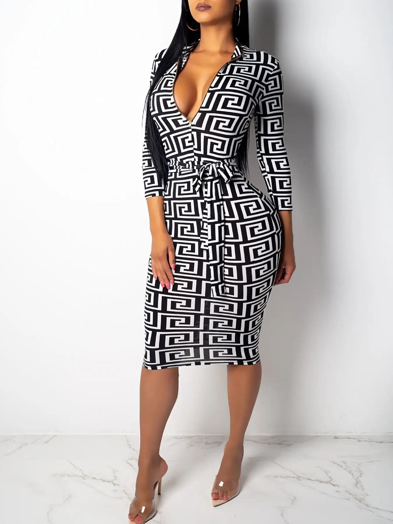 Sexy V Neck Long Sleeve Skinny Mini Print Dress Tight Club Party Elegant Chic Second Skin Dress Lady Fashion Sheath High Street Drdess