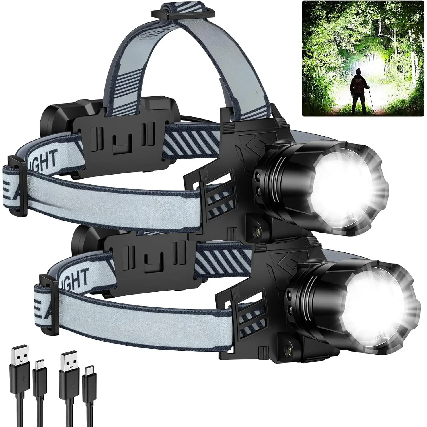 NiaoChao 2Pack Headlamp Rechargeable, 99000 LM Super Bright LED Head Lamp with 3 Modes, 90 °   Adjustable Head Lights  Forehead, 20+Hrs Runtime & IPX6 Waterproof HeadLamps  Camping Running