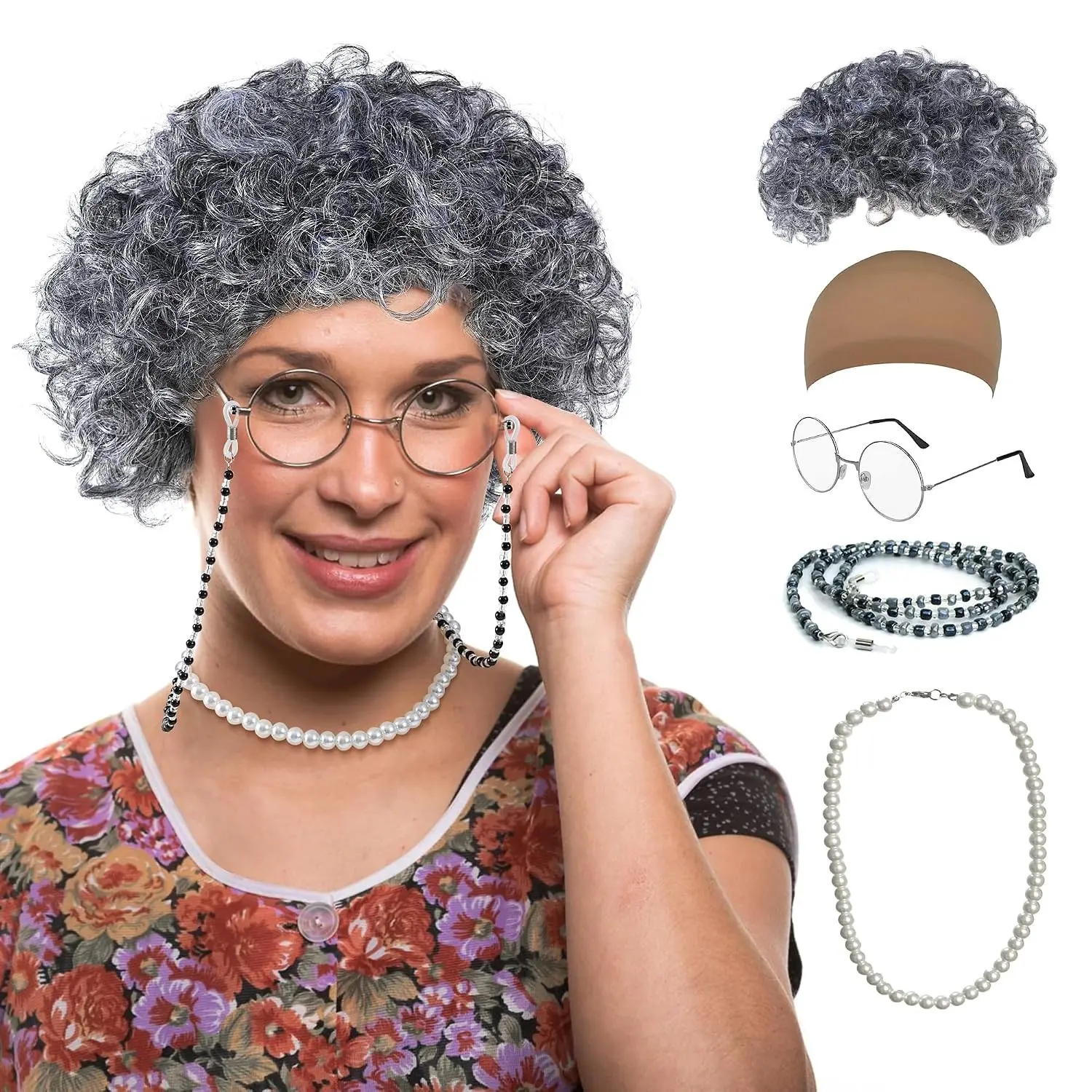 5-Piece Old Lady Costume Set with Gray Grandma Wig, Hair Cap, Glasses, Glasses Chain & Pearl NecklaceGift