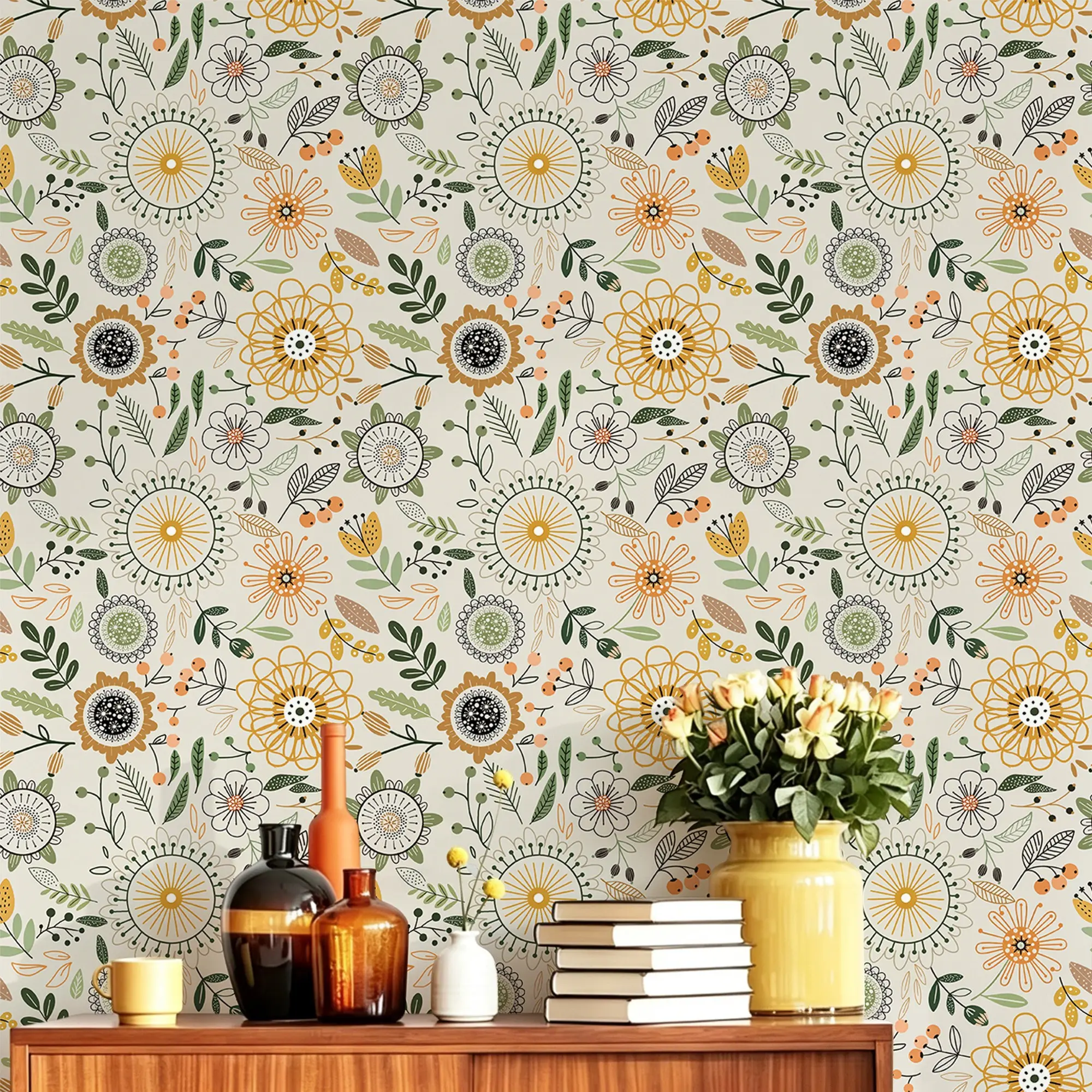 Bohemian Floral Peel-And-Stick Wallpaper, Waterproof Removable Self-Adhesive Vinyl, Leaves and Decor, Home Decoration, Easy Installation
