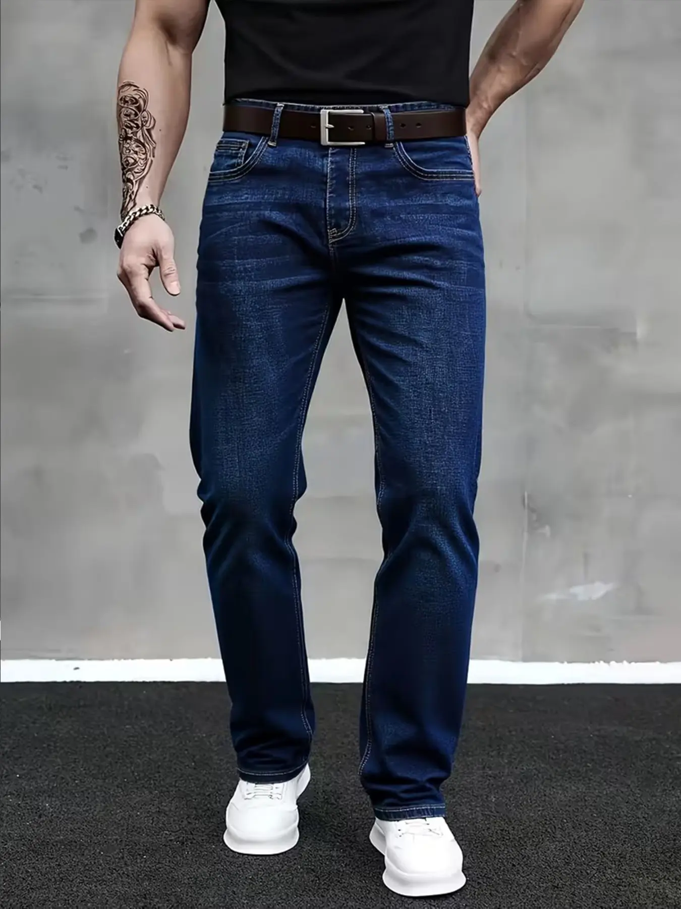 Classic Deep Blue Men's Straight Leg Jeans, Denim, Stretch Fit, Vintage Wash, Durable, Versatile, Breathable, Business Casual, Spring Summer