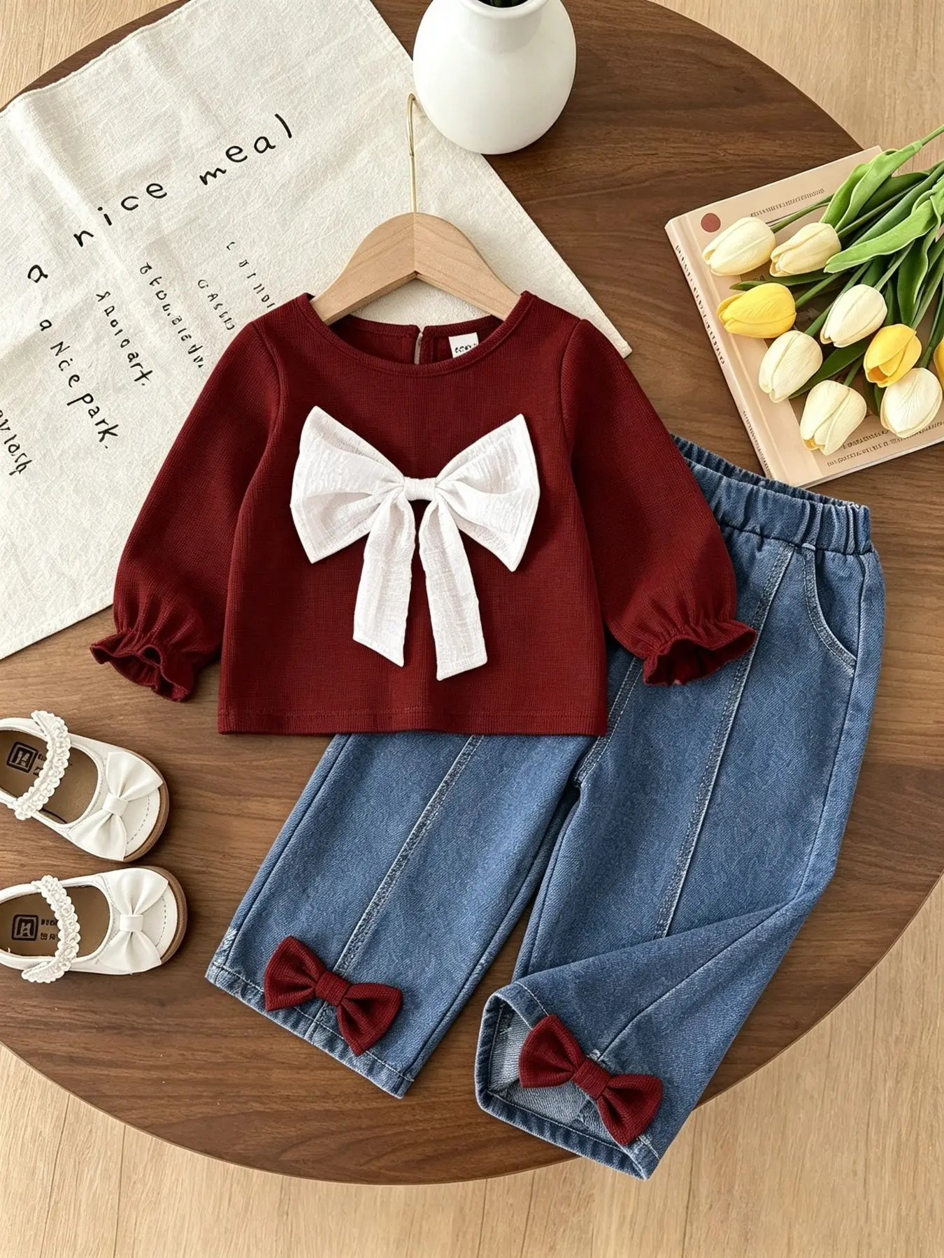 Two-Piece Baby Girl Set, 3D Bow, Fluffy Ruffle Sleeve Top, Soft Elastic Waist Jeans, Casual Slim-Fit Capri Pants, Toddler Outfit
