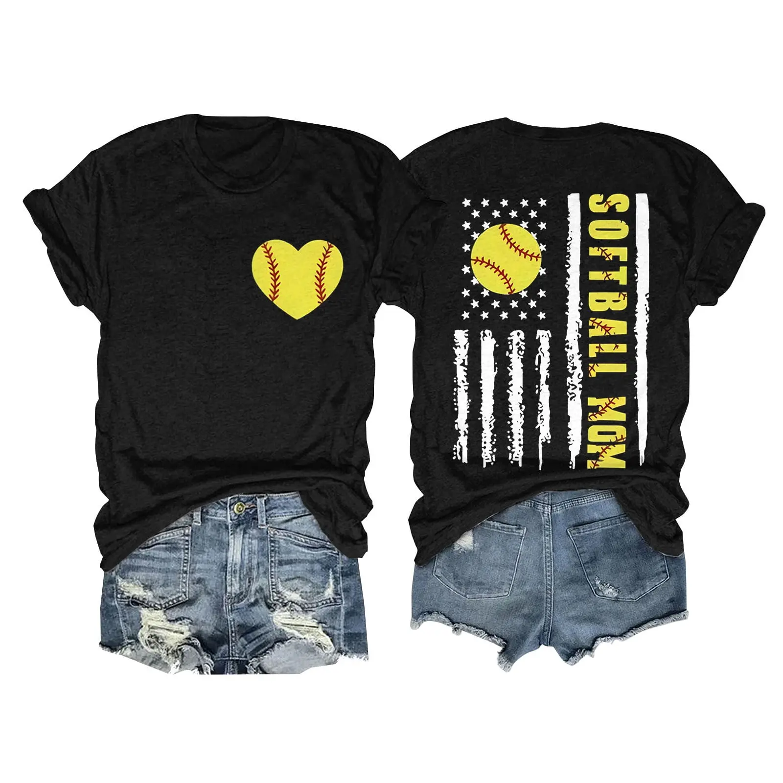 Double Sided Softball Mom Distressed USA Flag Graphic T-Shirt, Front Softball Heart Back Vintage American Flag Sport Mom Tee, 100% Cotton 180g Unisex Viral Game Day Casual Top S-3XL