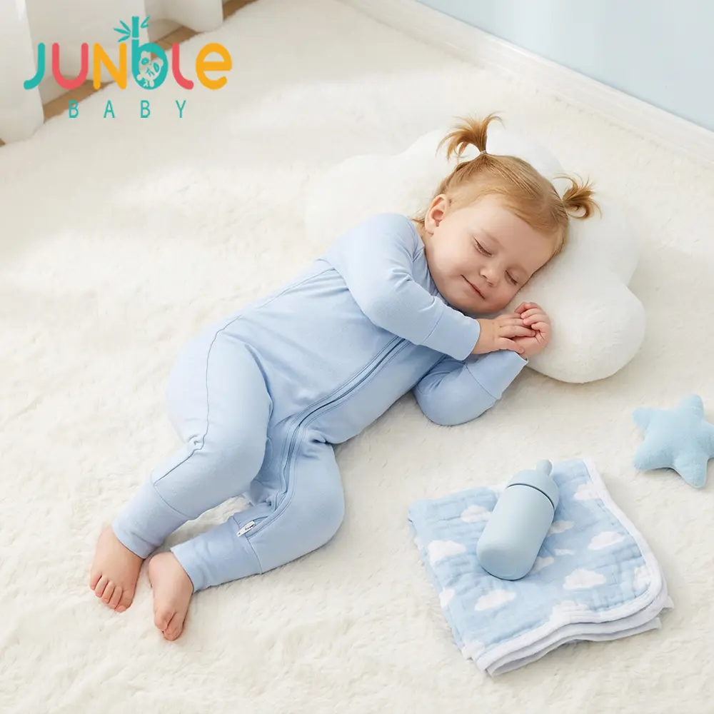 Junblebaby Bamboo Fiber Baby Onesie,baby bamboo zipper romper,baby romper, Bamboo Fiber Baby girl Night Pajamas, Minimalist Solid color Light Blue Printless Long Sleeve Two-Way Zipper Romper,   childrens   clothes   Sleepwear for Baby mitten cuff foot