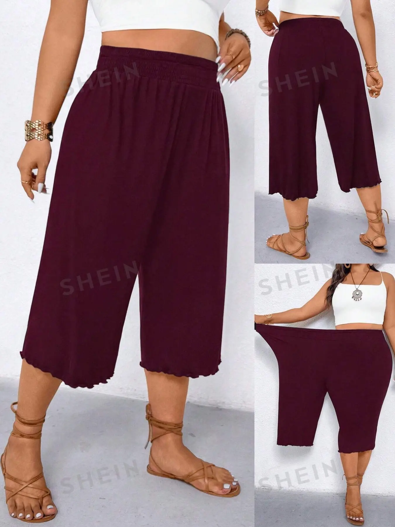 Plus Size Elastic High Waist Seven-Eighths Pants, Women's Wood Ear Hem Wide Leg Short Long Pants, Soft Daily Home Casual Pants