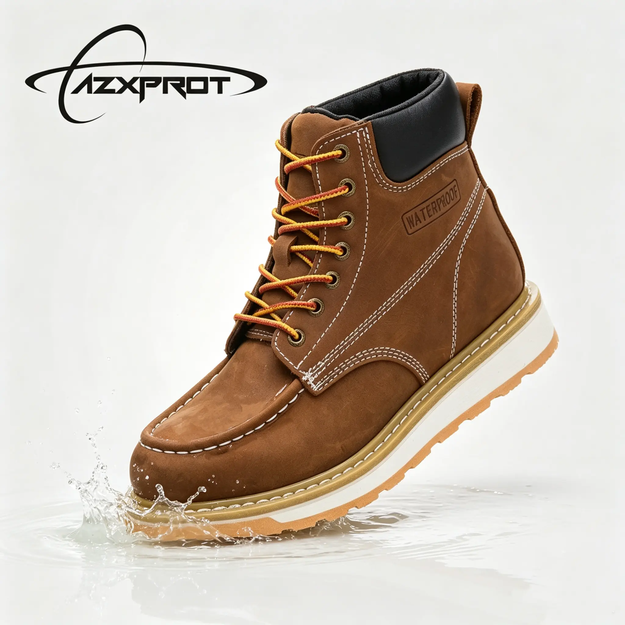 AZXPROT Men's Round Toe Work Boots, Waterproof Premium Cowhide Leather with a Slip-Resistant Wedge Sole and Lightweight Cushioned Comfort, Plain, Breathable, Outdoor