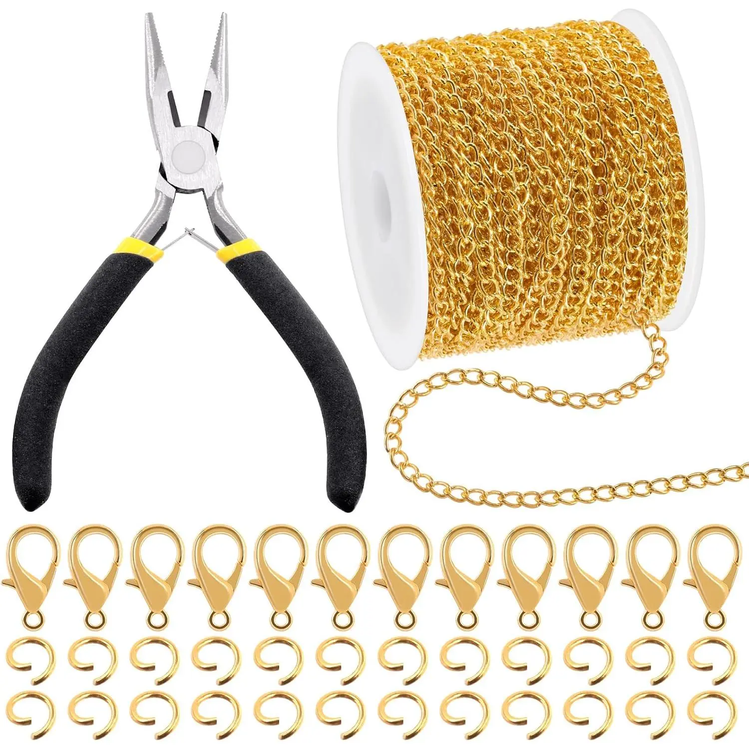 102 count  Making Kit, 10 Yards Necklace Chains with 50 count Open Jump Rings, 50 count Lobster Clasps, Chain Nose Pliers for DIY Necklace Bracelet  Making ()
